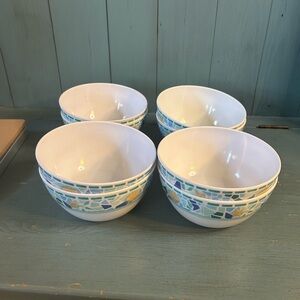 White Melamine Bowls with Blue and Aqua Mosaic Band - Set of 8
